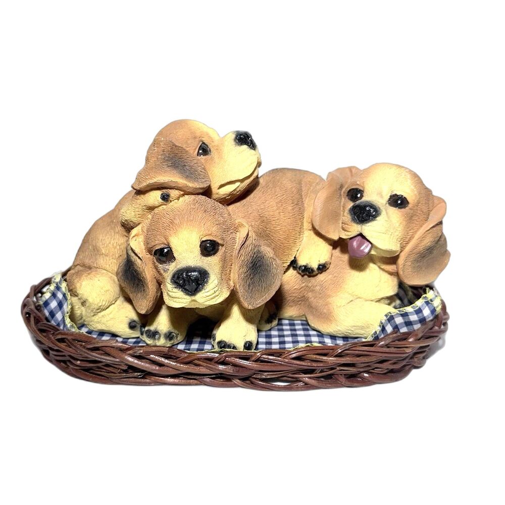 Vintage Porcelain Ceramic Puppies Figurines In Wicker Basket Resin